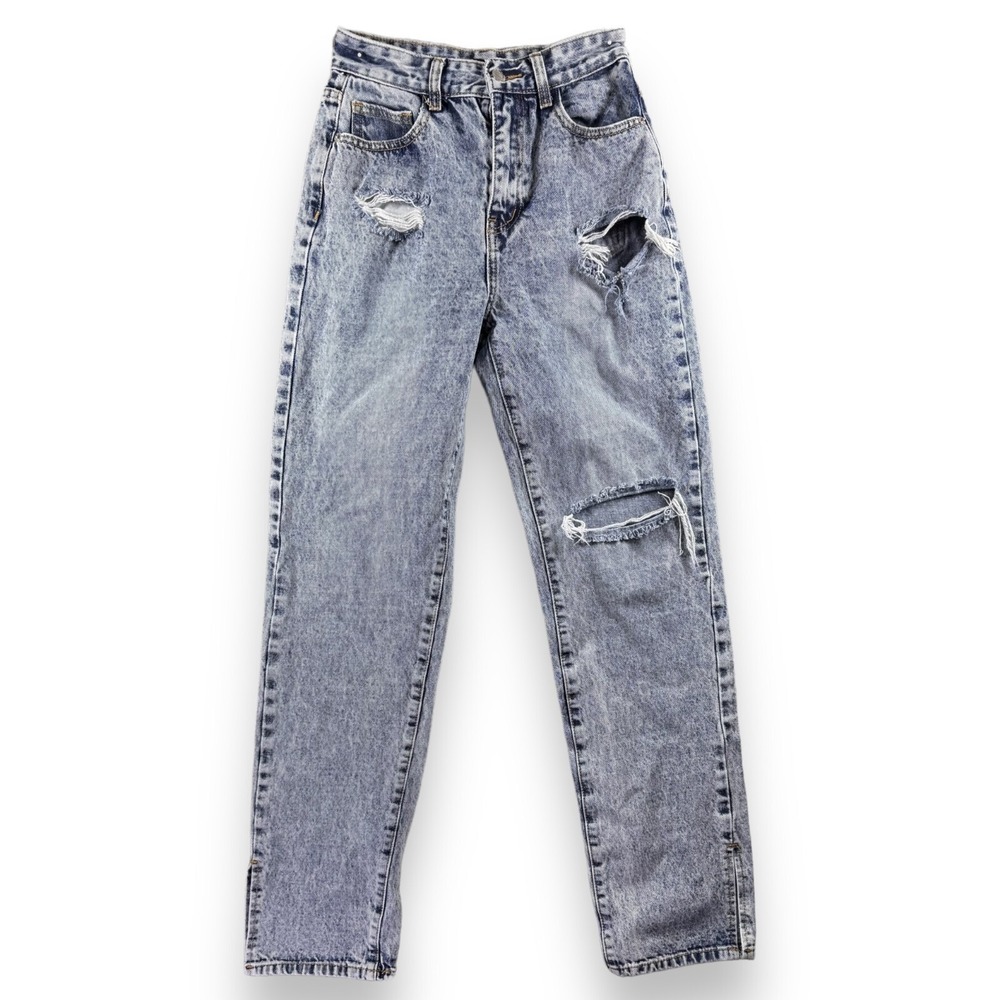 Pretty Little Thing Jeans Womens 8 High Rise Acid Wash Distressed Slit Straight